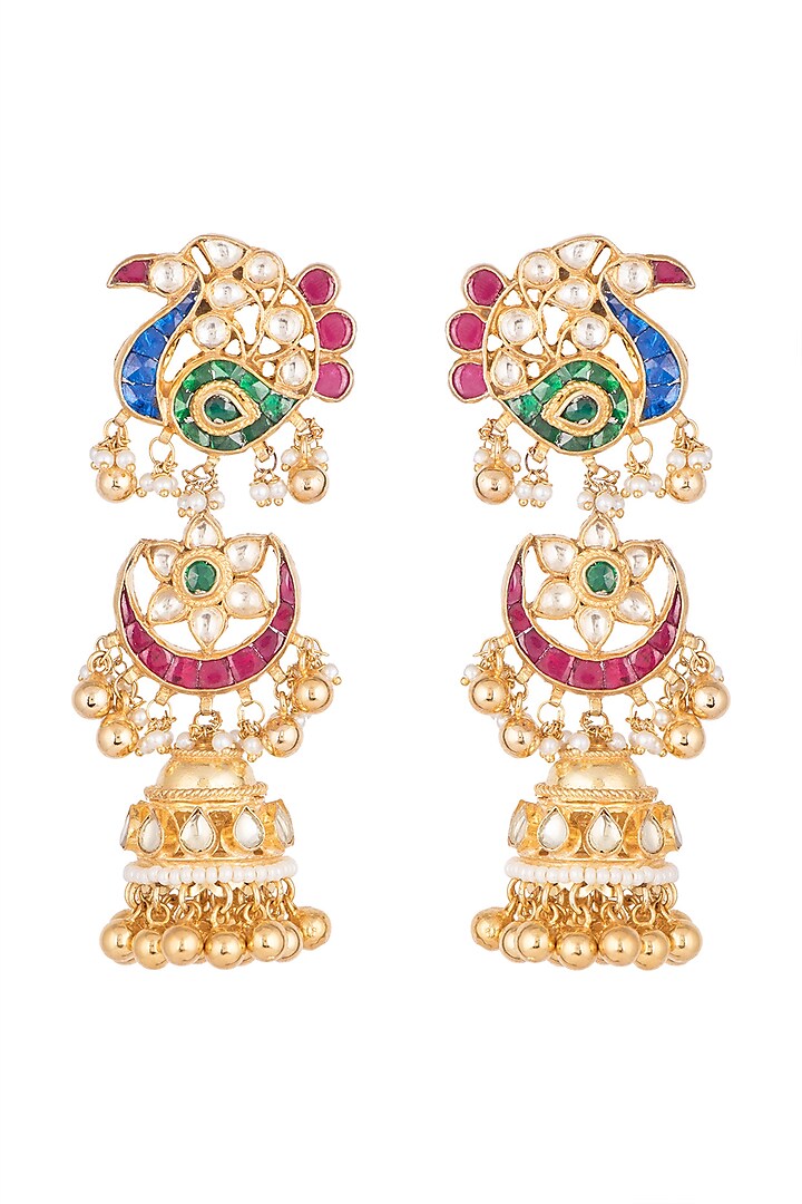 Gold Finish Multi Colored Kundan Long Earrings by Belsi's Jewellery