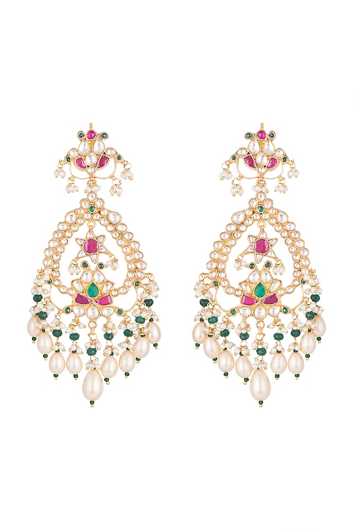 Gold Finish Multi Colored Kundan Chandelier Earrings by Belsi's Jewellery
