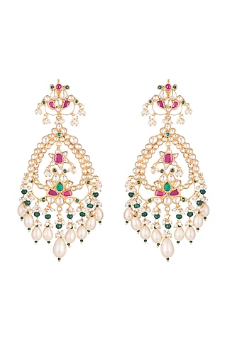 Gold Finish Multi Colored Kundan Chandelier Earrings by Belsi's Jewellery