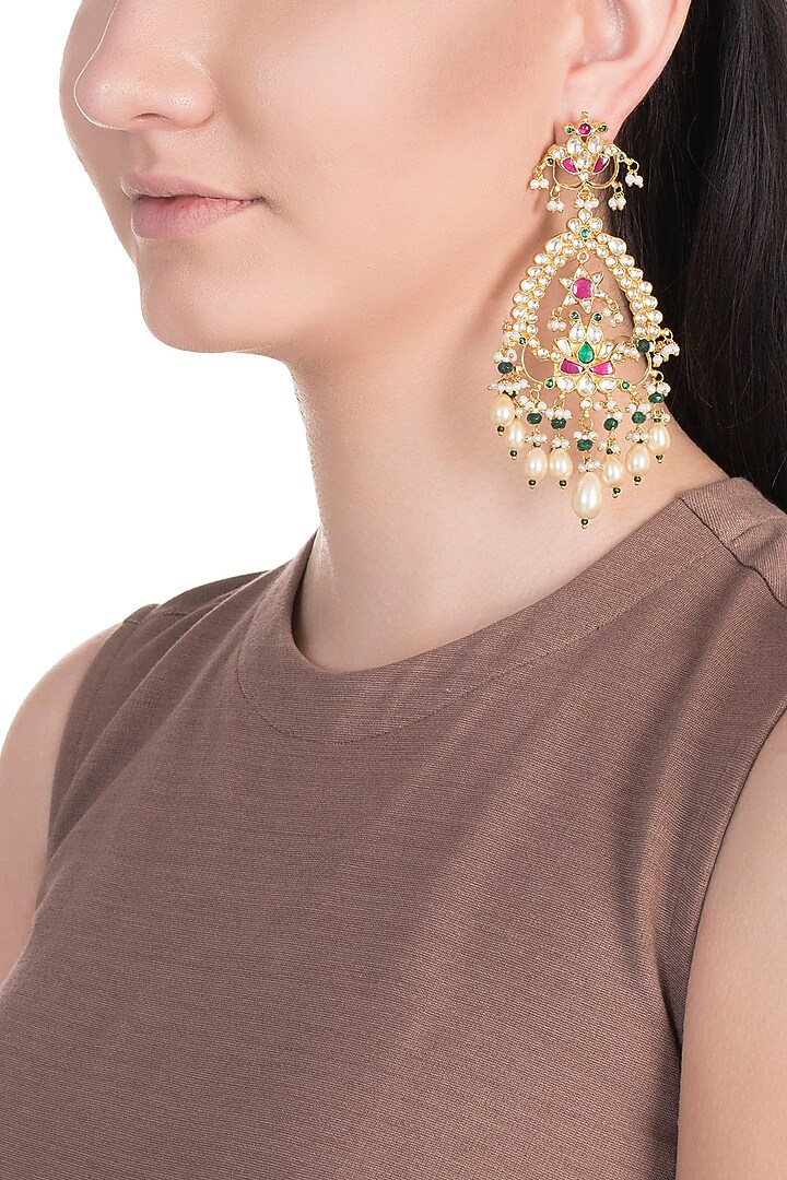Gold Finish Multi Colored Kundan Chandelier Earrings by Belsi's Jewellery at Pernia's Pop Up Shop