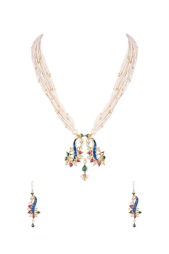 Gold Finish Blue Kundan & Pearl Strings Necklace Set by Belsi's Jewellery