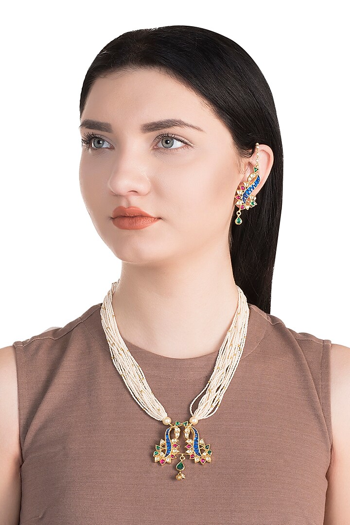 Gold Finish Blue Kundan & Pearl Strings Necklace Set by Belsi's Jewellery at Pernia's Pop Up Shop