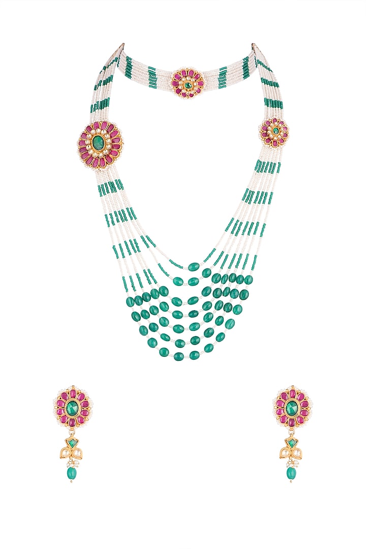 Gold Finish Kundan & Green Beaded Necklace Set With Bracelet by Belsi's Jewellery