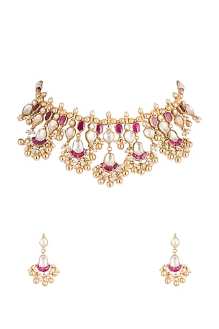 Gold Plated Kundan Choker Necklace Set by Belsi's Jewellery
