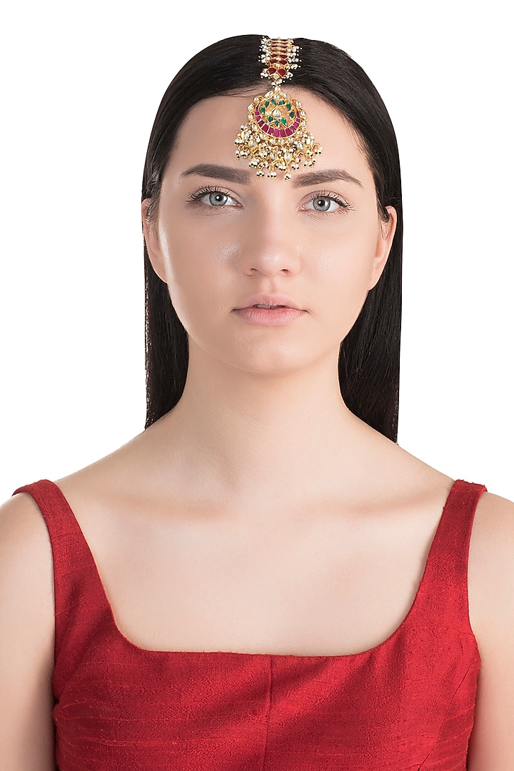 Gold Finish Multi Colored Kundan Bridal Maang Tikka by Belsi's Jewellery at Pernia's Pop Up Shop