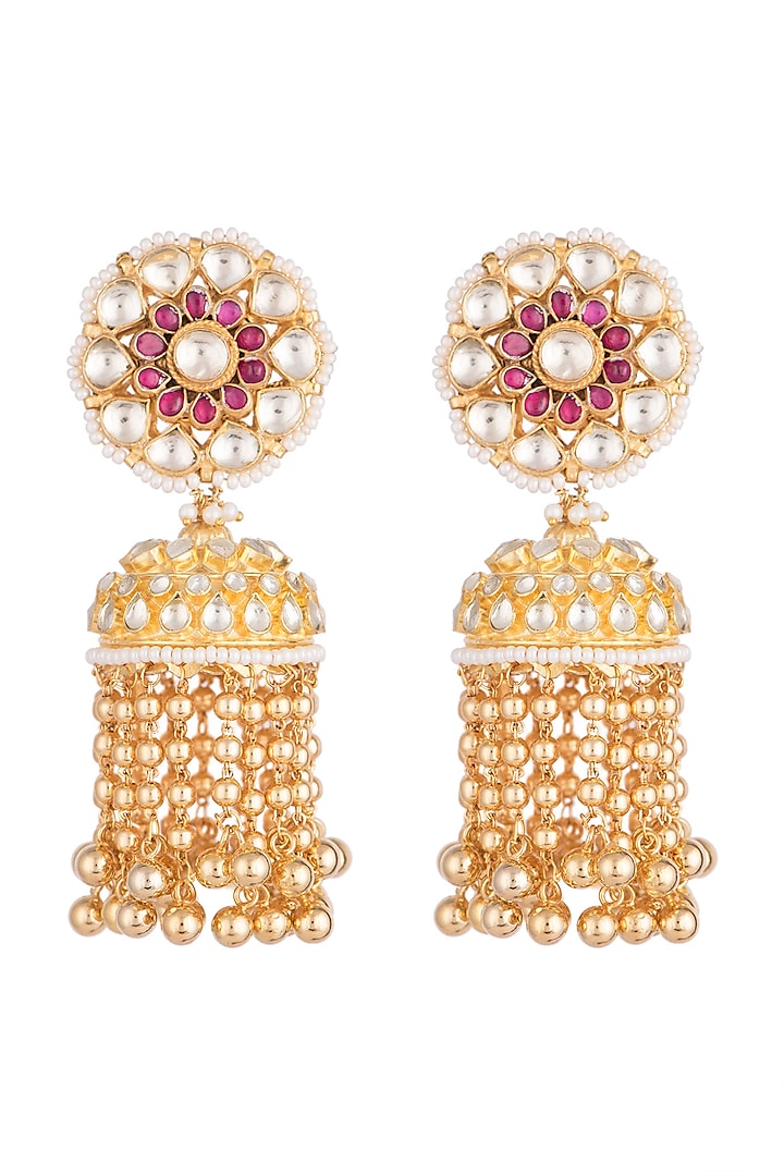 Gold Finish Kundan & Pearl String Jhumka Earrings by Belsi's Jewellery