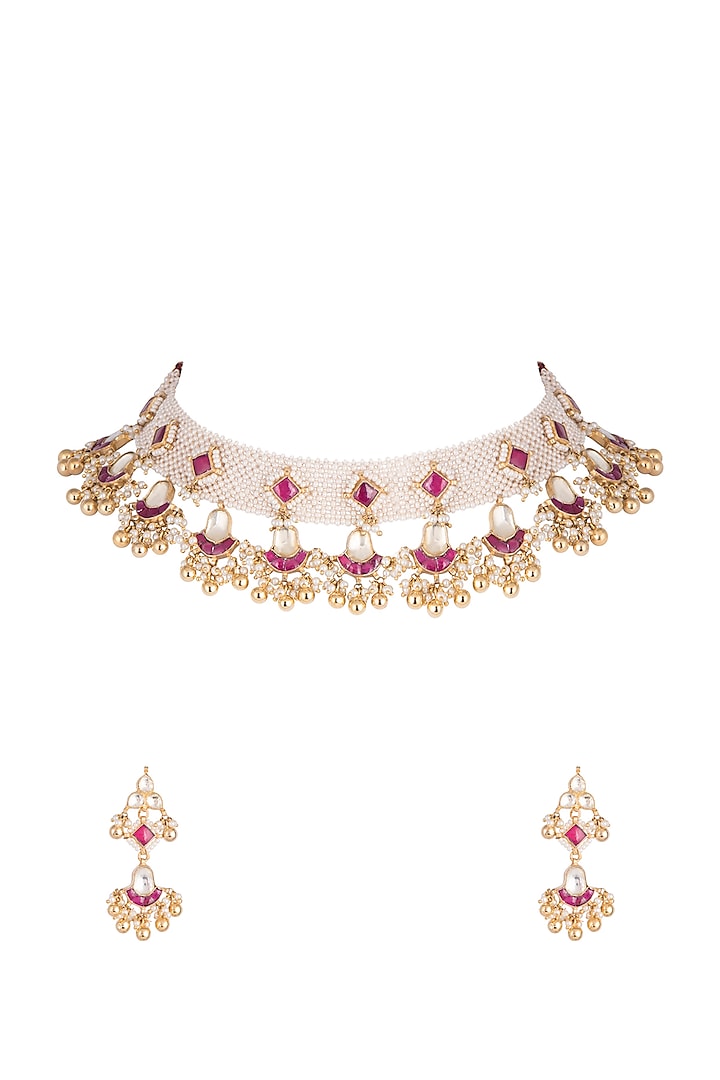 Gold Plated Kundan & Moti Patta Choker Necklace Set by Belsi's Jewellery