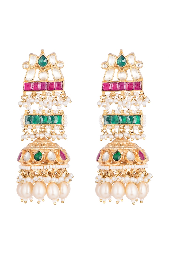 Gold Plated Multi Colored Kundan Jhumka Earrings by Belsi's Jewellery