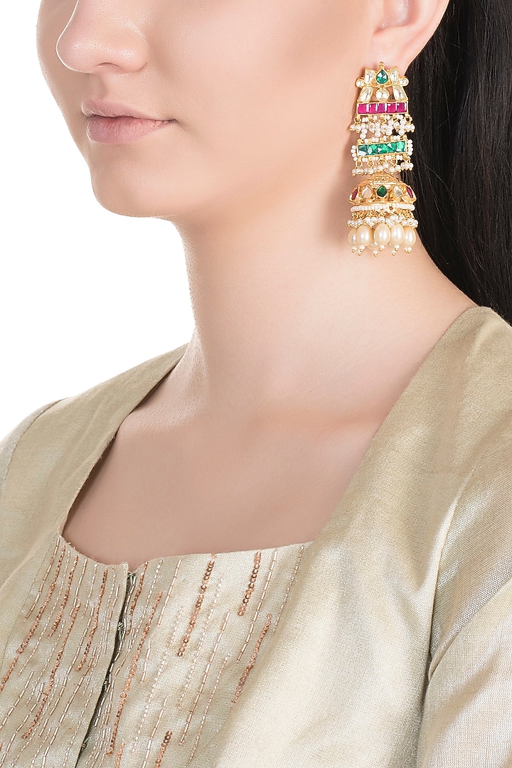 Gold Plated Multi Colored Kundan Jhumka Earrings by Belsi's Jewellery at Pernia's Pop Up Shop