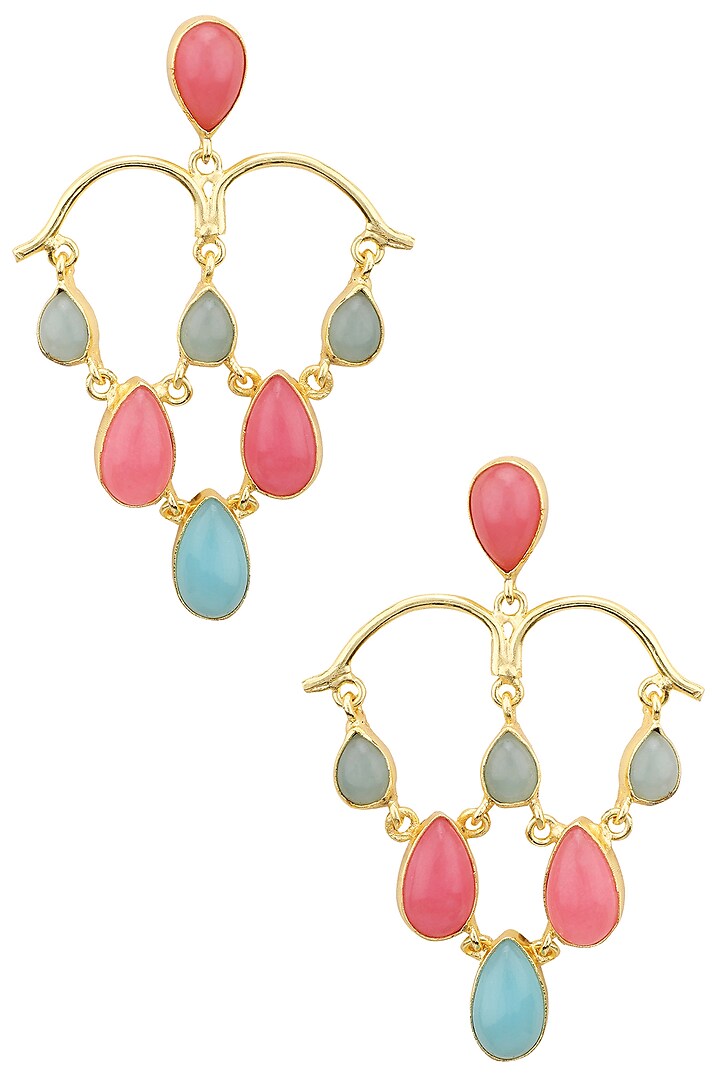 Gold Plated Aqua Chalcedony and Pink Jade Stone Earrings by Belsi's Jewellery