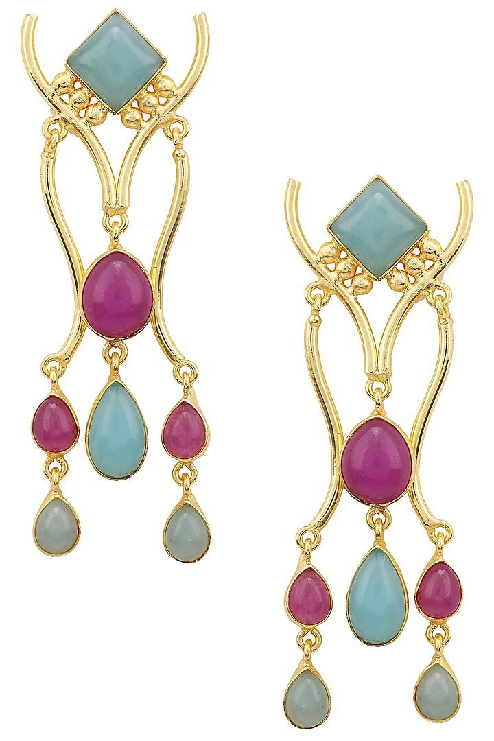 Gold Plated Aqua Chalcedony and Purple Jade Stone Earrings by Belsi's Jewellery