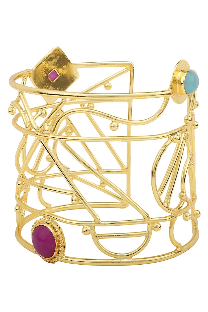 Gold Plated Aqua Chalcedony and Jade Stone Filigree Handcuff by Belsi's Jewellery