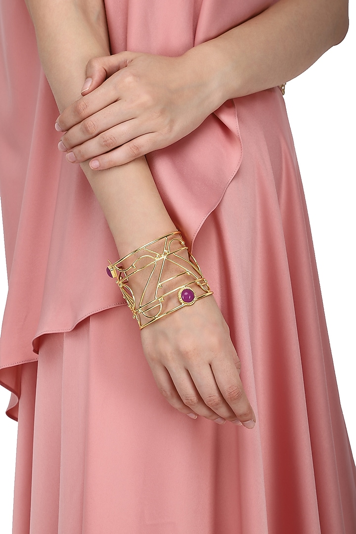 Gold plated aqua chalcedony and jade stone filigree handcuff available only at Pernia's Pop Up Shop.