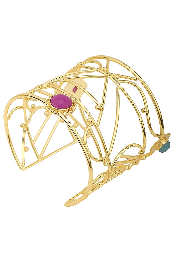 Gold plated aqua chalcedony and jade stone filigree handcuff available only at Pernia's Pop Up Shop.