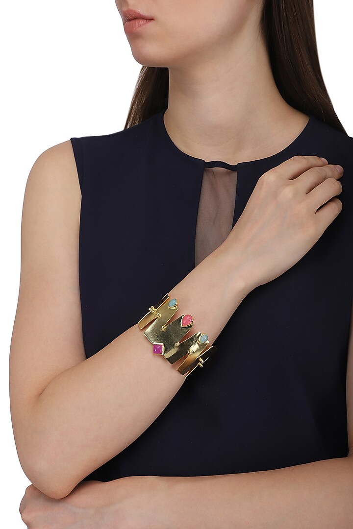 Gold plated aqua chalcedony and jade stone handcuff available only at Pernia's Pop Up Shop.