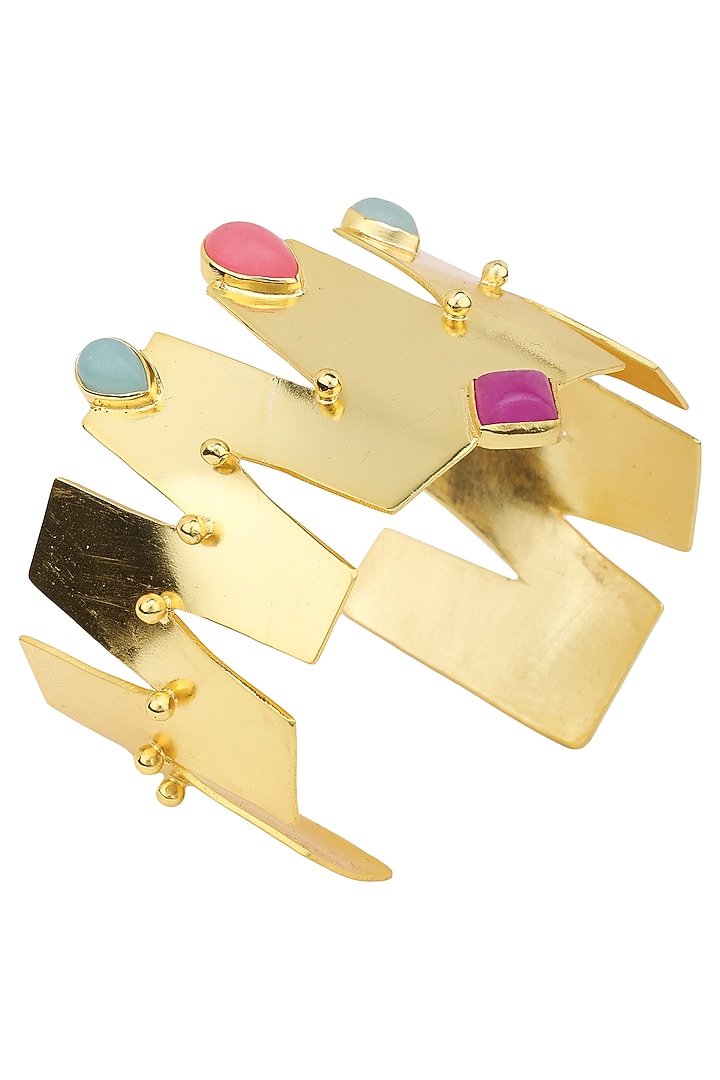 Gold plated aqua chalcedony and jade stone handcuff available only at Pernia's Pop Up Shop.