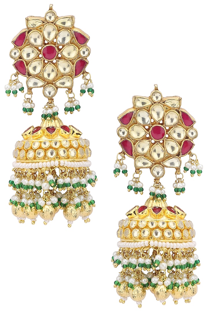 Gold Plated Pink and Green Stone Earrings by Belsi's Jewellery
