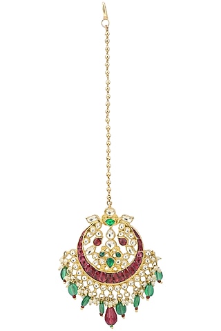 Gold Plated Green Beaded Maangtika by Belsi's Jewellery