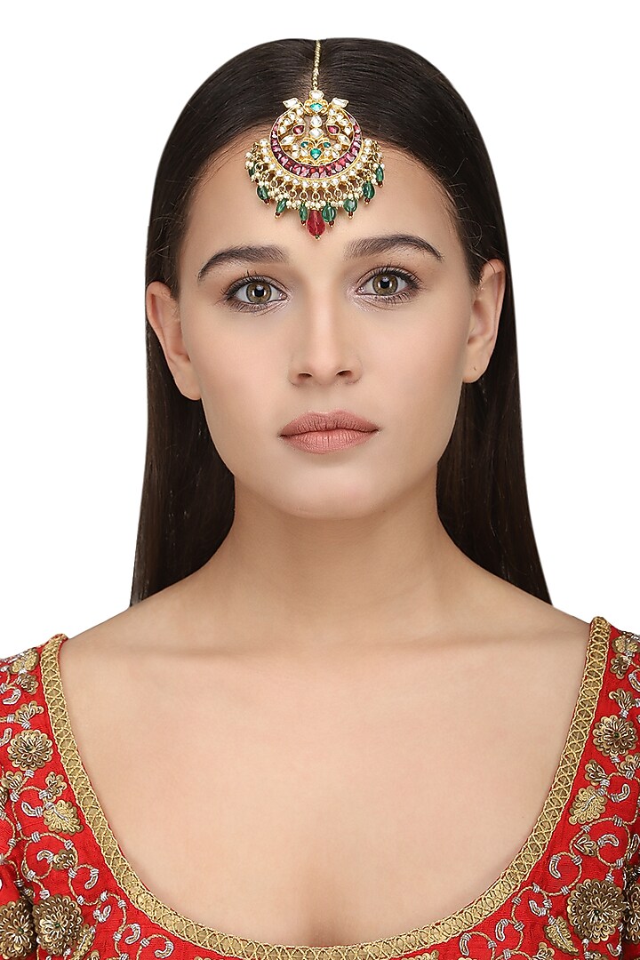 Gold plated green beaded maangtika available only at Pernia's Pop Up Shop.