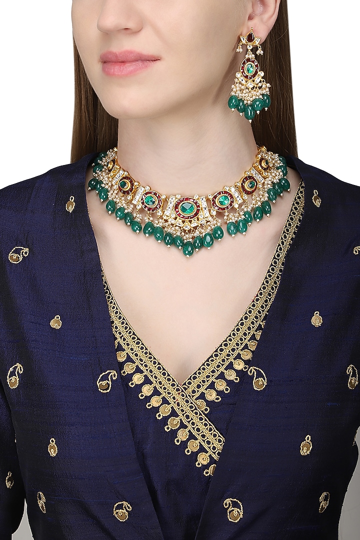Gold plated kundan choker necklace set available only at Pernia's Pop Up Shop.
