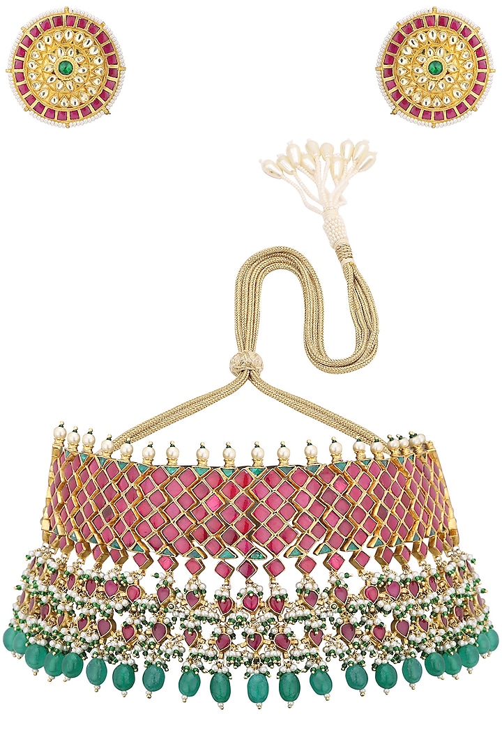 Gold Plated Pink Kundan Stone Necklace Set by Belsi's Jewellery