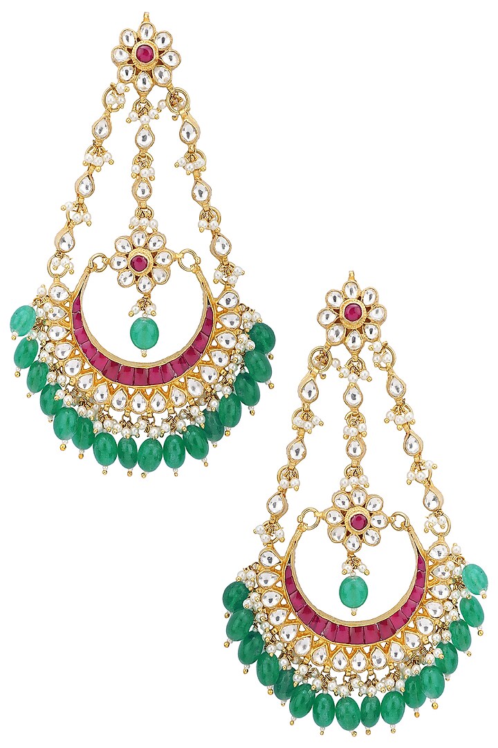 Gold plated kundan and green beads chandbali earrings by Belsi's Jewellery