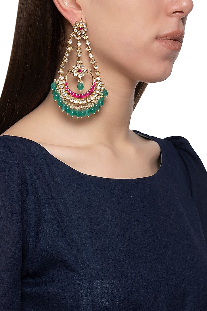 Gold plated kundan and green beads chandbali earrings by Belsi's Jewellery at Pernia's Pop Up Shop