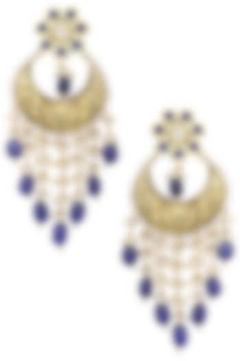 Gold plated kundan and blue beads dangler earrings by Belsi's Jewellery