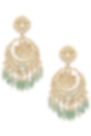 Gold plated kundan and green beads chandbali earrings by BELSI'S JEWELLERY