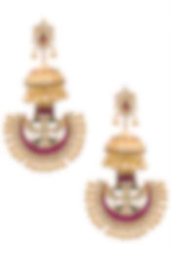 Gold plated kundan and pink beads chandbali earrings by BELSI'S JEWELLERY