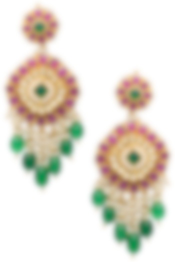 Gold plated kundan and pink beads jadau earrings by BELSI'S JEWELLERY