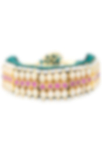 Gold plated kundan and pink beaded bracelet by BELSI'S JEWELLERY