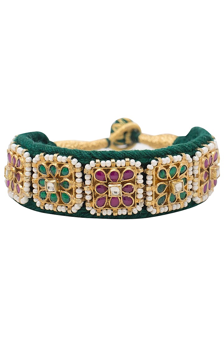 Gold plated kundan and pink and green beaded bracelet by BELSI'S JEWELLERY