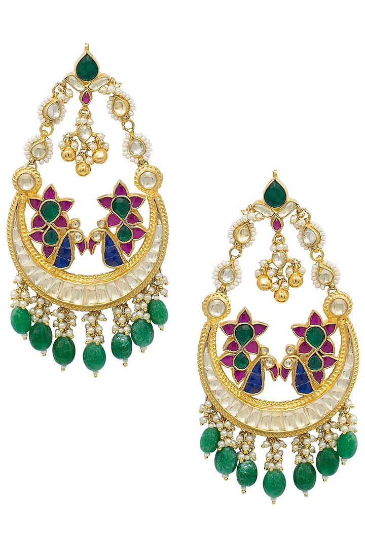 Gold plated kundan and green beaded chandbali earrings by BELSI'S JEWELLERY