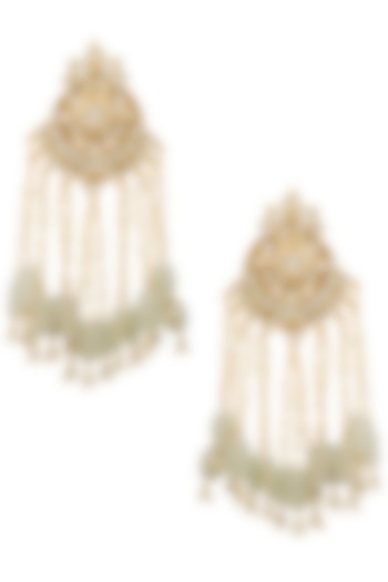 Gold plated kundan and mint green beaded tassel earrings by BELSI'S JEWELLERY