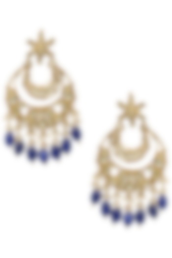 Gold plated kundan and navy blue beaded chandbali earrings by BELSI'S JEWELLERY