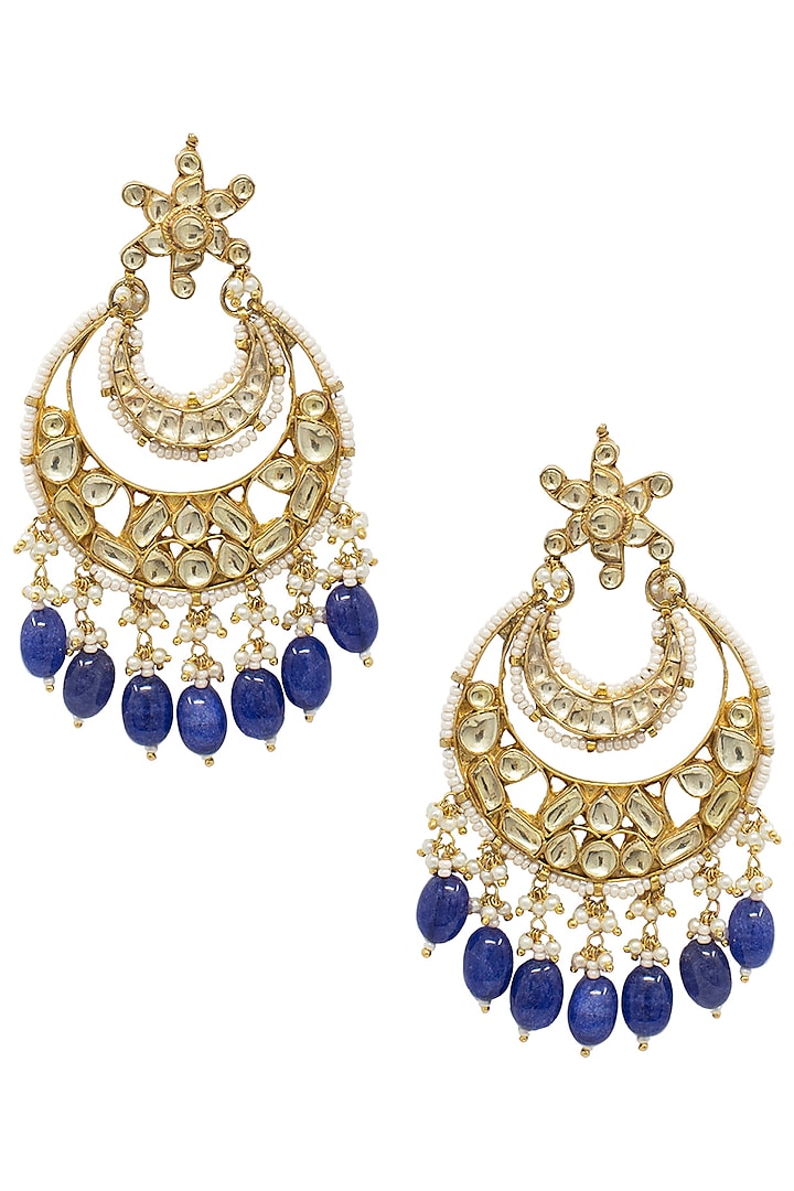 Gold plated kundan and navy blue beaded chandbali earrings by BELSI'S JEWELLERY