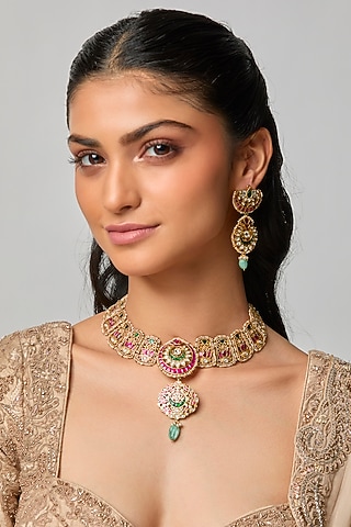 Gold Finish Emerald & Ruby Kundan Polki Jadau Necklace Set by Belsi'S Jewellery