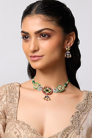 Gold Finish Kundan Polki & Pearl Jadau Choker Necklace Set by Belsi'S Jewellery