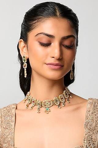 Gold Finish Kundan Polki & Ruby Red Stone Necklace Set by Belsi'S Jewellery