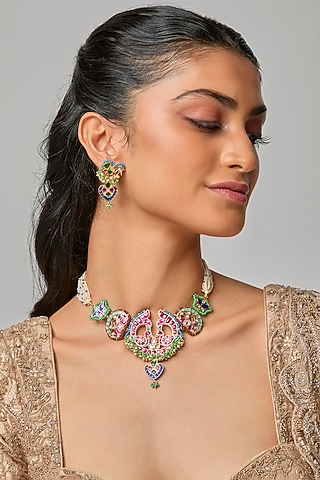 Gold Finish Kundan Polki & Seed Pearl Choker Necklace Set by Belsi'S Jewellery