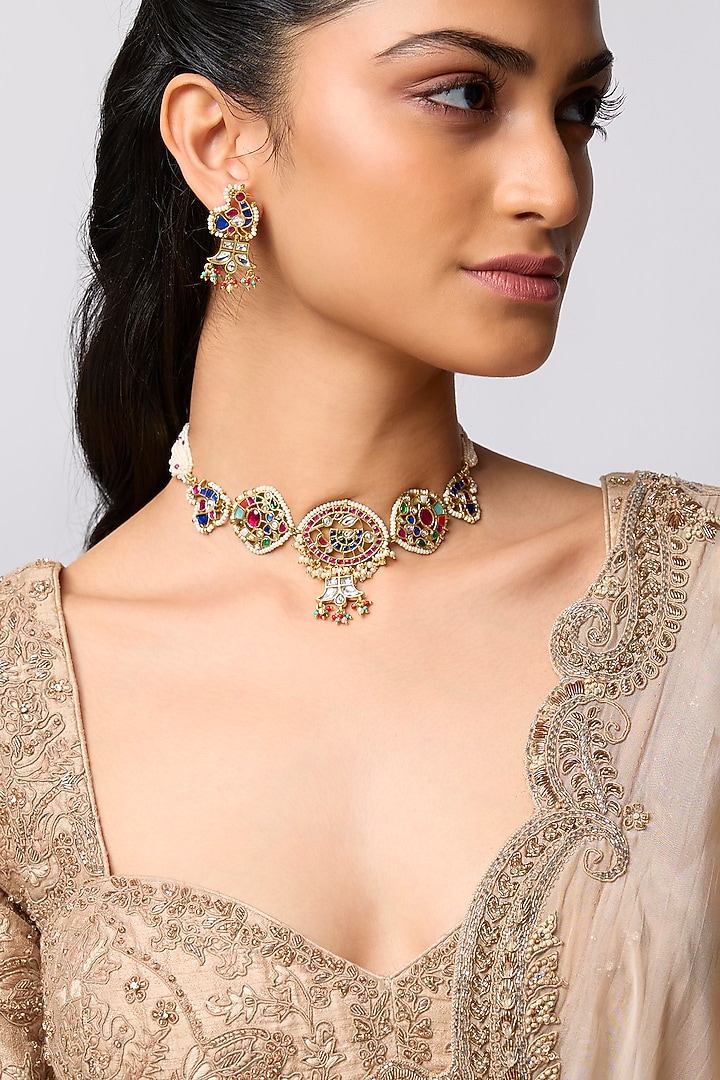 Gold Finish Kundan Polki & Seed Pearl Jadau Choker Necklace Set by Belsi'S Jewellery at Pernia's Pop Up Shop