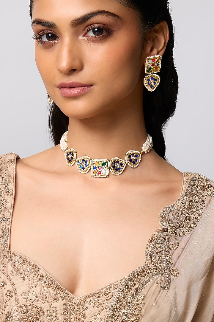 Gold Finish Multi-Colored Kundan Polki & Pearl Choker Necklace Set by Belsi'S Jewellery at Pernia's Pop Up Shop
