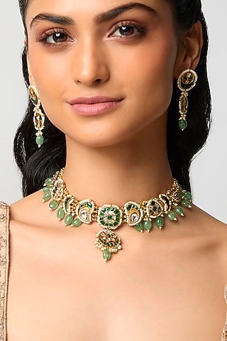Antique Gold Finish Kundan Polki & Emerald Stone Necklace Set by Belsi'S Jewellery