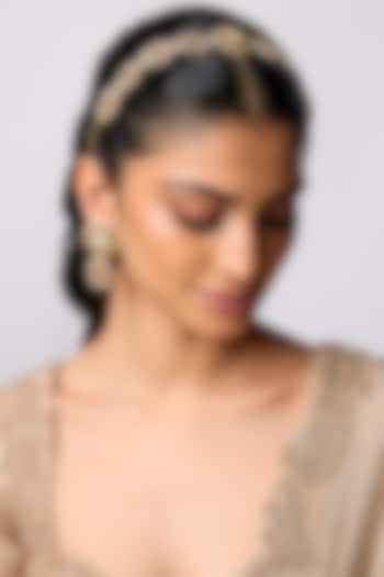 Gold Finish Kundan Polki & Pearl Floral Mathapatti With Earrings by Belsi'S Jewellery at Pernia's Pop Up Shop