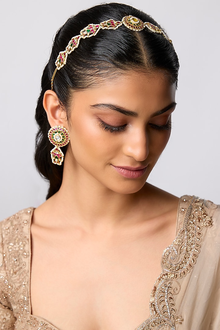 Gold Finish Kundan Polki & Pearl Floral Mathapatti With Earrings by Belsi'S Jewellery at Pernia's Pop Up Shop