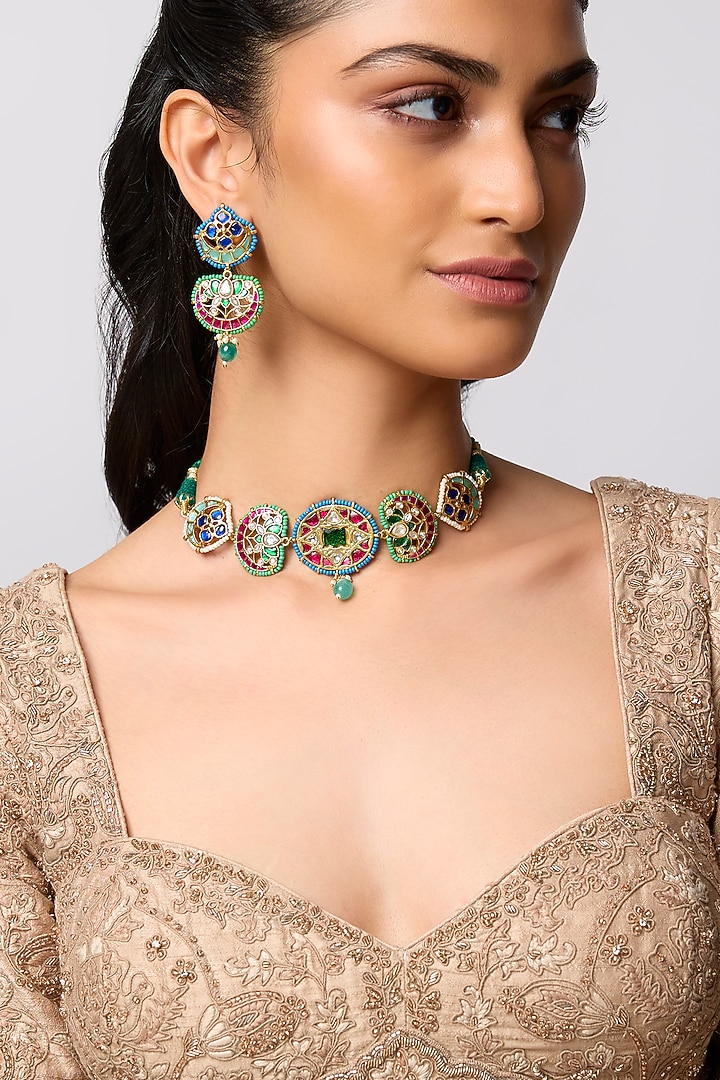 Gold Finish Multi-Colored Kundan Polki Jadau Choker Necklace Set by Belsi'S Jewellery at Pernia's Pop Up Shop
