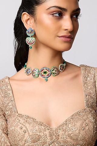 Gold Finish Multi-Colored Kundan Polki Jadau Choker Necklace Set by Belsi'S Jewellery