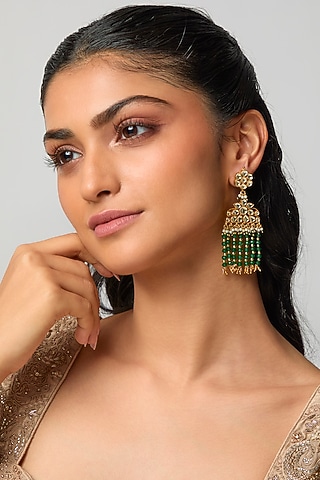 Gold Finish Floral Kundan Polki &  Green Beaded Chandeleir Earrings by Belsi'S Jewellery
