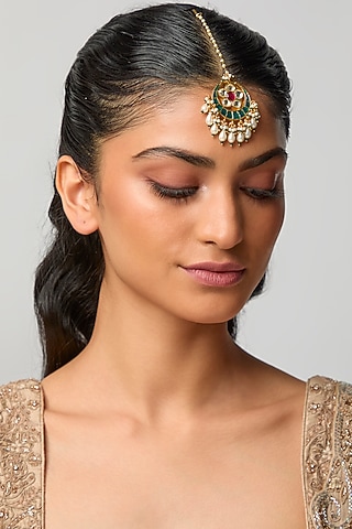 Gold Finish Kundan Polki & Crescent Motif Maangtikka by Belsi'S Jewellery